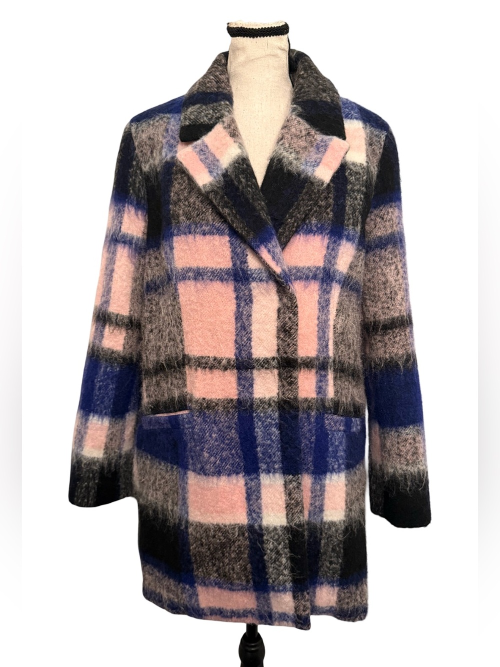 ELLE Aubry Plaid Wool Blend Coat Size 10 Pink Blue Black Fuzzy Peacoat